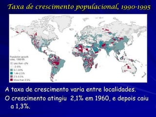 Taxa de crescimento populacional, 1990-1995




A taxa de crescimento varia entre localidades.
O crescimento atingiu 2,1% em 1960, e depois caiu
  a 1,3%.
 