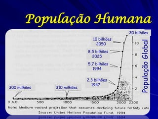 População Humana
                                            20 bilhões
                               10 bilhões




                                                 População Global
                                 2050
                            8,5 bilhões
                              2025
                            5,7 bilhões
                              1994

                            2,3 bilhões
                              1947
300 milhões   310 milhões
 