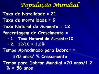 População Mundial
Taxa de Natalidade = 21
Taxa de mortalidade = 9
Taxa Natural de Aumento = 12
Porcentagem de Crescimento =
  – 1. Taxa Natural de Aumento/10
  – 2. 12/10 = 1.2%
Tempo Aproximado para Dobrar =
     70 anos/ % Crescimento
Tempo para Dobrar Mundial =70 anos/1.2
 % = 58 anos
 