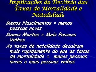 Implicações do Declínio das
   Taxas de Mortalidade e
        Natalidade
Menos Nascimentos = menos
 pessoas novas
Menos Mortes = Mais Pessoas
 Velhas
As taxas de natalidade decaíram
 mais rapidamente do que as taxas
 de mortalidade = menos pessoas
 novas e mais pessoas velhas
 