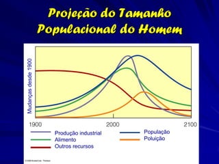 Projeção do Tamanho
Mudanças desde 1900   Populacional do Homem




                        Produção industrial   População
                        Alimento              Poluição
                        Outros recursos
 