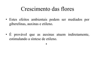 Crescimento das flores
• Estes efeitos ambientais podem ser mediados por
giberelinas, auxinas e etileno.
• É provável que as auxinas atuem indiretamente,
estimulando a síntese de etileno.
•
 