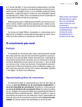 20                                                                               PARTE 1 – Crescimento

     o 1º ano de vida (Ref. 1). Esse crescimento compensatório é um fenô-
     meno que ocorre em resposta a uma desaceleração no ritmo de cresci-
     mento normal. Corrigida a causa, e se as condições ambientais forem
     adequadas, o organismo passa a crescer em uma velocidade superior
     ao esperado para a idade. Esse é um fenômeno muito encontrado em
     crianças desnutridas em fase de recuperação.                               Toda criança com história
                                                                                de baixo peso ao nascer
        Bebês pequenos para a idade gestacional (PIG), pré-termos ou nas-       deve ser considerada
     cidos à termo, tendem a permanecer pequenos para a idade ou mes-           como criança de risco
     mo desnutridos, requerendo atenção especial dos serviços de atenção        nutricional e
     à criança.                                                                 acompanhada com maior
                                                                                assiduidade pelos
        Em termos de Saúde Pública, recomenda-se a intervenção com o            serviços de saúde,
     objetivo de se trabalhar na prevenção do baixo peso ao nascer, inves-      principalmente no
     tindo numa boa cobertura e atenção pré-natal (Ref. 1).                     primeiro ano de vida.



     O crescimento pós-natal
     Evolução

        A velocidade de crescimento pós-natal é particularmente elevada
     até os dois primeiros anos de vida com declínio gradativo e pronunci-
     ado até os cinco anos de idade. A partir do quinto ano, a velocidade de
     crescimento é praticamente constante, de 5 a 6 cm/ano até o início do
     estirão da adolescência (o que ocorre em torno dos 11 anos de idade
     nas meninas e dos 13 anos nos meninos). A velocidade de crescimen-
     to geral não é uniforme ao longo dos anos e os diferentes orgãos, teci-
     dos e partes do corpo não crescem com a mesma velocidade. O gráfico
     1 (ver página 15) ilustra essas diferenças.



     Representações gráficas do crescimento

        O crescimento pode ser representado por meio de dois tipos de
     curvas: a curva de distância ou de crescimento longitudinal e a
     curva de velocidade de crescimento. No gráfico 2, estão expressas
     as curvas de distância do crescimento linear (as estaturas médias
     em cm, atingidas nas sucessivas idades para a população de referência
     do National Center of Health Statistics – NCHS) e no gráfico 3, estão os
     incrementos em estatura de uma idade para a outra, apresentados na
     forma de uma taxa de crescimento anual em cm/ano (curva de velo-
     cidade). Da mesma maneira são desenhadas as curvas de peso.
 