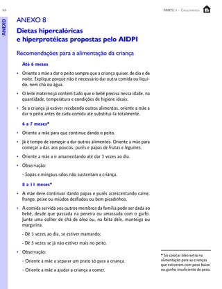 66                                                                               PARTE 1 – Crescimento


        ANEXO 8
ANEXO




        Dietas hipercalóricas
        e hiperprotéicas propostas pelo AIDPI
        Recomendações para a alimentação da criança
          Até 6 meses
        • Oriente a mãe a dar o peito sempre que a criança quiser, de dia e de
          noite. Explique porque não é necessário dar outra comida ou líqui-
          do, nem chá ou água.
        • O leite materno já contém tudo que o bebê precisa nessa idade, na
          quantidade, temperatura e condições de higiene ideais.
        • Se a criança já estiver recebendo outros alimentos, oriente a mãe a
          dar o peito antes de cada comida até substitui-la totalmente.

          6 a 7 meses*
        • Oriente a mãe para que continue dando o peito.
        • Já é tempo de começar a dar outros alimentos. Oriente a mãe para
          começar a dar, aos poucos, purês e papas de frutas e legumes.
        • Oriente a mãe a ir amamentando até dar 3 vezes ao dia.
        • Observação:
          - Sopas e mingaus ralos não sustentam a criança.

          8 a 11 meses*
        • A mãe deve continuar dando papas e purês acrescentando carne,
          frango, peixe ou miúdos desfiados ou bem picadinhos.
        • A comida servida aos outros membros da família pode ser dada ao
          bebê, desde que passada na peneira ou amassada com o garfo.
          Junte uma colher de chá de óleo ou, na falta dele, manteiga ou
          margarina.
          - Dê 3 vezes ao dia, se estiver mamando;
          - Dê 5 vezes se já não estiver mais no peito.
        • Observação:
                                                                                 * Só colocar óleo extra na
          - Oriente a mãe a separar um prato só para a criança.                  alimentação para as crianças
                                                                                 que estiverem com peso baixo
          - Oriente a mãe a ajudar a criança a comer.                            ou ganho insuficiente de peso.
 
