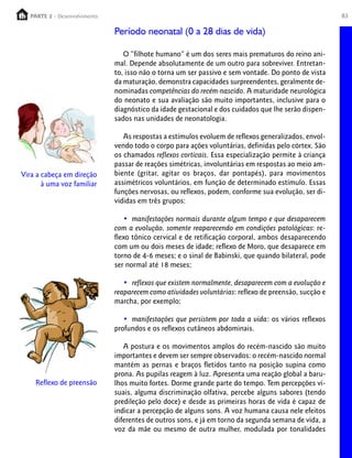 PARTE 2 - Desenvolvimento
     PARTE 1 – Crescimento                                                                             83

                               Período neonatal (0 a 28 dias de vida)

                                  O “filhote humano” é um dos seres mais prematuros do reino ani-
                               mal. Depende absolutamente de um outro para sobreviver. Entretan-
                               to, isso não o torna um ser passivo e sem vontade. Do ponto de vista
                               da maturação, demonstra capacidades surpreendentes, geralmente de-
                               nominadas competências do recém-nascido. A maturidade neurológica
                               do neonato e sua avaliação são muito importantes, inclusive para o
                               diagnóstico da idade gestacional e dos cuidados que lhe serão dispen-
                               sados nas unidades de neonatologia.

                                  As respostas a estímulos evoluem de reflexos generalizados, envol-
                               vendo todo o corpo para ações voluntárias, definidas pelo córtex. São
                               os chamados reflexos corticais. Essa especialização permite à criança
                               passar de reações simétricas, involuntárias em respostas ao meio am-
Vira a cabeça em direção       biente (gritar, agitar os braços, dar pontapés), para movimentos
       à uma voz familiar      assimétricos voluntários, em função de determinado estímulo. Essas
                               funções nervosas, ou reflexos, podem, conforme sua evolução, ser di-
                               vididas em três grupos:

                                  • manifestações normais durante algum tempo e que desaparecem
                               com a evolução, somente reaparecendo em condições patológicas: re-
                               flexo tônico cervical e de retificação corporal, ambos desaparecendo
                               com um ou dois meses de idade; reflexo de Moro, que desaparece em
                               torno de 4-6 meses; e o sinal de Babinski, que quando bilateral, pode
                               ser normal até 18 meses;

                                  • reflexos que existem normalmente, desaparecem com a evolução e
                               reaparecem como atividades voluntárias: reflexo de preensão, sucção e
                               marcha, por exemplo;

                                  • manifestações que persistem por toda a vida: os vários reflexos
                               profundos e os reflexos cutâneos abdominais.

                                  A postura e os movimentos amplos do recém-nascido são muito
                               importantes e devem ser sempre observados: o recém-nascido normal
                               mantém as pernas e braços fletidos tanto na posição supina como
                               prona. As pupilas reagem à luz. Apresenta uma reação global a baru-
    Reflexo de preensão        lhos muito fortes. Dorme grande parte do tempo. Tem percepções vi-
                               suais, alguma discriminação olfativa, percebe alguns sabores (tendo
                               predileção pelo doce) e desde as primeiras horas de vida é capaz de
                               indicar a percepção de alguns sons. A voz humana causa nele efeitos
                               diferentes de outros sons, e já em torno da segunda semana de vida, a
                               voz da mãe ou mesmo de outra mulher, modulada por tonalidades
 