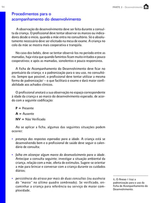94                                                                             PARTE 2 - Desenvolvimento
                                                                                PARTE 1 – Crescimento

     Procedimentos para o
     acompanhamento do desenvolvimento

         A observação do desenvolvimento deve ser feita durante a consul-
     ta da criança. O profissional deve tentar observar os marcos ou indica-
     dores desde o início, quando a mãe entra no consultório. Só o absolu-
     tamente necessário deve ser elicitado na mesa de exame. A criança no
     colo da mãe se mostra mais cooperativa e tranqüila.

       No caso dos bebês, deve-se tentar observá-los no período entre as
     mamadas, haja vista que quando famintos ficam muito irritados e pouco
     cooperativos; e após as mamadas, sonolentos e pouco responsivos.

        A Ficha de Acompanhamento do Desenvolvimento deve ficar no
     prontuário da criança; e a padronização para o seu uso, no consultó-
     rio. Sempre que possível, o profissional deve tentar utilizar a mesma
     forma de padronização1 – o que facilitará o exame e dará maior confi-
     abilidade aos achados clínicos.

        O profissional anotará a sua observação no espaço correspondente
     à idade da criança e ao marco do desenvolvimento esperado, de acor-
     do com a seguinte codificação:

       P = Presente
       A = Ausente
       NV = Não Verificado

       Ao se aplicar a ficha, algumas das seguintes situações podem
     ocorrer:

     • presença das respostas esperadas para a idade. A criança está se
       desenvolvendo bem e o profissional de saúde deve seguir o calen-
       dário de consulta;

     • falha em alcançar algum marco do desenvolvimento para a idade.
       Antecipar a consulta seguinte; investigar a situação ambiental da
       criança, relação com a mãe, oferta de estímulos. Sugere-se orientar
       a mãe para brincar e conversar com a criança durante os cuidados
       diários;

     • persistência do atraso por mais de duas consultas (ou ausência          1. O Anexo 1 traz a
       do “marco” no último quadro sombreado). Se verificado, en-              padronização para o uso da
       caminhar a criança para referência ou serviço de maior com-             Ficha de Acompanhamento do
       plexidade.                                                              Desenvolvimento.
 