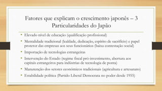 • Elevado nível de educação (qualificação profissional)
• Mentalidade tradicional (lealdade, dedicação, espírito de sacrifício) e papel
protetor das empresas aos seus funcionários (baixa contestação social)
• Importação de tecnologias estrangeiras
• Intervenção do Estado (regime fiscal pró-investimento, abertura aos
capitais estrangeiros para indústrias de tecnologia de ponta)
• Manutenção dos setores económicos tradicionais (agricultura e artesanato)
• Estabilidade política (Partido Liberal Democrata no poder desde 1955)
Fatores que explicam o crescimento japonês – 3
Particularidades do Japão
 