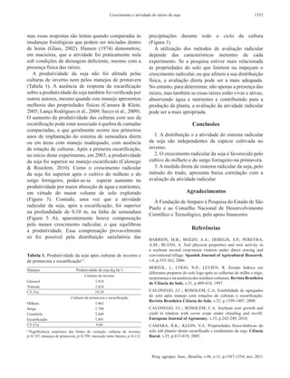 Crescimento e atividade de raízes de soja                                            1553



mas essas respostas são lentas quando comparadas às                         precipitações durante todo o ciclo da cultura
mudanças fisiológicas que podem ser iniciadas dentro                        (Figura 1).
de horas (Glass, 2002). Hansen (1974) demonstrou,                              A utilização dos métodos de avaliação radicular
em macieiras, que a atividade foi praticamente nula                         depende das características inerentes de cada
sob condições de drenagem deficiente, mesmo com a                           experimento. Se  a pesquisa estiver mais relacionada
presença física das raízes.                                                 às propriedades do solo que limitem ou impeçam o
   A produtividade da soja não foi afetada pelas                            crescimento radicular, ou que afetem a sua distribuição
culturas de inverno nem pelos manejos de primavera                          física, a avaliação direta pode ser a mais adequada.
(Tabela  1). A  ausência de resposta da escarificação                       No entanto, para determinar, não apenas a presença das
sobre a produtividade da soja também foi verificada por                     raízes, mas também se essas raízes estão vivas e ativas,
outros autores, mesmo quando este manejo apresentou                         absorvendo água e nutrientes e contribuindo para a
melhoria das propriedades físicas (Camara & Klein,                          produção da planta, a avaliação da atividade radicular
2005; Lança Rodrígues et al., 2009; Secco et al., 2009).                    pode ser a mais apropriada.
O aumento da produtividade das culturas com uso da
escarificação pode estar associado à quebra de camadas                                               Conclusões
compactadas, o que geralmente ocorre nos primeiros
anos de implantação do sistema de semeadura direta                             1. A distribuição e a atividade do sistema radicular
ou em áreas com manejo inadequado, com ausência                             da soja são independentes da espécie cultivada no
de rotação de culturas. Após a primeira escarificação,                      inverno.
no início deste experimento, em 2003, a produtividade                          2. O crescimento radicular da soja é favorecido pelo
da soja foi superior no manejo escarificado (Calonego                       cultivo do milheto e do sorgo forrageiro na primavera.
& Rosolem, 2010). Como o crescimento radicular                                 3. A medida direta do sistema radicular da soja, pelo
da soja foi superior após o cultivo do milheto e do                         método do trado, apresenta baixa correlação com a
sorgo forrageiro, poder-se-ia esperar aumento na                            avaliação da atividade radicular.
produtividade por maior absorção de água e nutrientes,
em virtude do maior volume de solo explorado                                                      Agradecimentos
(Figura  3). Contudo, uma vez que a atividade                                 À Fundação de Amparo à Pesquisa do Estado de São
radicular da soja, após a escarificação, foi superior                       Paulo e ao Conselho Nacional de Desenvolvimento
na profundidade de 0,10  m, na linha de semeadura
                                                                            Científico e Tecnológico, pelo apoio financeiro.
(Figura  5  A), aparentemente houve compensação
pelo menor crescimento radicular, o que equilibrou
a produtividade. Essa compensação provavelmente                                                      Referências
só foi possível pela distribuição satisfatória das                          BARRIOS, M.B.; BOZZO, A.A.; DEBELIS, S.P.; PEREYRA,
                                                                            A.M.; BUJÁN, A. Soil physical properties and root activity in
                                                                            a soybean second crop/maize rotation under direct sowing and
Tabela 1. Produtividade da soja após culturas de inverno e                  conventional tillage. Spanish Journal of Agricultural Research,
de primavera e escarificação(1).                                            v.4, p.355‑362, 2006.
                                                                            BERTOL, I.; COGO, N.P.; LEVIEN, R. Erosão hídrica em
Manejos                        Produtividade da soja (kg ha‑1)
                                                                            diferentes preparos do solo logo após as colheitas de milho e trigo,
                                     Culturas de inverno
                                                                            na presença e na ausência dos resíduos culturais. Revista Brasileira
Girassol                                    3.918
                                                                            de Ciência do Solo, v.21, p.409‑418, 1997.
Triticale                                   3.824
CV (%)                                      19,29                           CALONEGO, J.C.; ROSOLEM, C.A. Estabilidade de agregados
                            Culturas de primavera e escarificação
                                                                            do solo após manejo com rotações de culturas e escarificação.
                                                                            Revista Brasileira Ciência do Solo, v.32, p.1399‑1407, 2008.
Milheto                                     3.963
Sorgo                                       3.780                           CALONEGO, J.C.; ROSOLEM, C.A. Soybean root growth and
Crotalária                                  3.849                           yield in rotation with cover crops under chiseling and no‑till.
Escarificação                               3.891                           European Journal of Agronomy, v.33, p.242‑249, 2010.
CV (%)                                       9,66                           CAMARA, R.K.; KLEIN, V.A. Propriedades físico‑hídricas do
 Significância estatística das fontes de variação: culturas de inverno,
(1)                                                                         solo sob plantio direto escarificado e rendimento da soja. Ciência
p=0,747; manejos de primavera, p=0,799; interação entre fatores, p=0,112.   Rural, v.35, p.813‑819, 2005.



                                                                             Pesq. agropec. bras., Brasília, v.46, n.11, p.1547-1554, nov. 2011
 