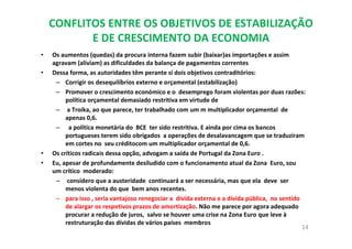 CONFLITOS ENTRE OS OBJETIVOS DE ESTABILIZAÇÃO
E DE CRESCIMENTO DA ECONOMIA
• Os aumentos (quedas) da procura interna fazem subir (baixar)as importações e assim
agravam (aliviam) as dificuldades da balança de pagamentos correntes
• Dessa forma, as autoridades têm perante si dois objetivos contraditórios:
– Corrigir os desequilíbrios externo e orçamental (estabilização)
– Promover o crescimento económico e o desemprego foram violentas por duas razões:
política orçamental demasiado restritiva em virtude de
– a Troika, ao que parece, ter trabalhado com um m multiplicador orçamental de
apenas 0,6.
– a política monetária do BCE ter sido restritiva. E ainda por cima os bancos
portugueses terem sido obrigados a operações de desalavancagem que se traduziram
em cortes no seu créditocom um multiplicador orçamental de 0,6.
• Os críticos radicais dessa opção, advogam a saída de Portugal da Zona Euro .
• Eu, apesar de profundamente desiludido com o funcionamento atual da Zona Euro, sou
um crítico moderado:
– considero que a austeridade continuará a ser necessária, mas que ela deve ser
menos violenta do que bem anos recentes.
– para isso , seria vantajoso renegociar a dívida externa e a dívida pública, no sentido
de alargar os respetivos prazos de amortização. Não me parece por agora adequado
procurar a redução de juros, salvo se houver uma crise na Zona Euro que leve à
restruturação das dívidas de vários países membros
14
 