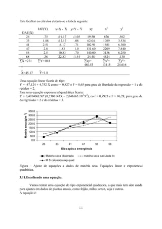 11
Para facilitar os cálculos elabora-se a tabela seguinte:
DAE(X)
IAF(Y) x=X - X y=Y - Y xy x2
y2
26 .75 -19.17 -1.05 19.50 676 .562
33 1.88 -12.17 .08 62.04 1089 3.534
41 2.51 -4.17 .71 102.91 1681 6.300
47 2.8 1.83 1.0 131.60 2209 7.840
56 2.5 10.83 .70 140.00 3136 6.250
68 .36 22.83 -1.44 24.48 4624 .130
X =271 Y=10.8 xy=
480.53
x2
=
13415
y2
=
24.616
X=45.17 Y=1.8
Uma equação linear ficaria do tipo:
Y = -47,124 + 4,752 X com r = 0,827 e F = 8,65 para grau de liberdade da regressão = 1 e do
resíduo = 2.
Para uma equação exponencial quadrática ficaria:
Y = 0,405406EXP (0,2306143X – 2,041665.10-3
X2
), co r = 0,9923 e F = 96,28, para grau de
da regressão = 2 e do resíduo = 3.
0,0
50,0
100,0
150,0
200,0
250,0
300,0
350,0
26 33 41 47 56 68
Dias após a emergência
Matéria
seca
(g/m
2
)
Matéria seca observada matéria seca calculada lin
M S calculada exp quad
Figura – Ajuste de equações a dados de matéria seca. Equações linear e exponencial
quadrática.
3.11.Escolhendo uma equação:
Vamos tentar uma equação do tipo exponencial quadrática, a que mais tem sido usada
para ajustes em dados de plantas anuais, como feijão, milho, arroz, soja e outras.
A equação é:
 