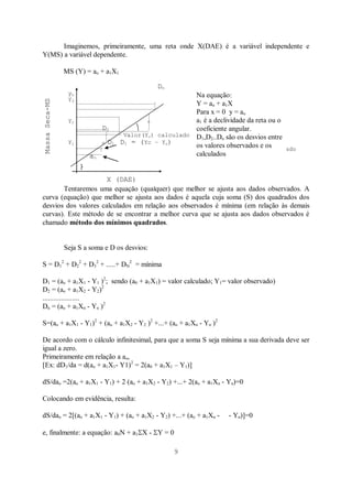 9
Imaginemos, primeiramente, uma reta onde X(DAE) é a variável independente e
Y(MS) a variável dependente.
MS (Y) = ao + a1X1
Dn
yn
Y3
D3 a1 Dn
Y2 o
D2
Valor(Yc) calculado
Y1 o D1 D1 = (Yc – Yo)
Valor(Yo) observado
ao
Tentaremos uma equação (qualquer) que melhor se ajusta aos dados observados. A
curva (equação) que melhor se ajusta aos dados é aquela cuja soma (S) dos quadrados dos
desvios dos valores calculados em relação aos observados é mínima (em relação às demais
curvas). Este método de se encontrar a melhor curva que se ajusta aos dados observados é
chamado método dos mínimos quadrados.
Seja S a soma e D os desvios:
S = D1
2
+ D2
2
+ D3
2
+ .....+ DN
2
= mínima
D1 = (ao + a1X1 - Y1 )2
; sendo (a0 + a1X1) = valor calculado; Y1= valor observado)
D2 = (ao + a1X2 - Y2)2
....................
Dn = (ao + a1Xn - Yn )2
S=(ao + a1X1 - Y1)2
+ (ao + a1X2 - Y2 )2
+...+ (ao + a1Xn - Yn )2
De acordo com o cálculo infinitesimal, para que a soma S seja mínima a sua derivada deve ser
igual a zero.
Primeiramente em relação a ao,
[Ex: dD1/da = d(ao + a1X1- Y1)2
= 2(a0 + a1X1 – Y1)]
dS/dao =2(ao + a1X1 - Y1) + 2 (ao + a1X2 - Y2) +...+ 2(ao + a1Xn - Yn)=0
Colocando em evidência, resulta:
dS/dao = 2[(ao + a1X1 - Y1) + (ao + a1X2 - Y2) +...+ (ao + a1Xn - - Yn)]=0
e, finalmente: a equação: a0N + a1 X - Y = 0
Na equação:
Y = ao + a1X
Para x = 0 y = ao
a1 é a declividade da reta ou o
coeficiente angular.
D1,D2..Dn são os desvios entre
os valores observados e os
calculados
Massa
Seca-MS
X (DAE)
 