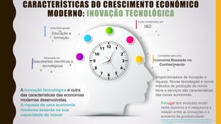 Economia Baseada no
Conhecimento
Condições para uma
I&D
Forte investimento em
Educação e
formação
Uma forte aposta
na
Descobertas cientificas e
tecnológicas
Alicerçada em
CARACTERÍSTICAS DO CRESCIMENTO ECONÓMICO
MODERNO: INOVAÇÃO TECNOLÓGICA
A inovação tecnológica é outra
das características das economias
modernas desenvolvidas.
A riqueza de uma economia
moderna assenta na sua
capacidade de inovar
proporcionadora de inovação e
riqueza. Novas tecnologias e novos
métodos de produção de novos
bens e serviços são características
das novas economias.
Portugal tem evoluído muito
neste domínio e é inequívoca a
relação entre as inovações e o
aumento da produtividade
https://www.pordata.pt/portugal/despesas+em+actividades+d
e+investigacao+e+desenvolvimento+(i+d)+em+percentagem
 