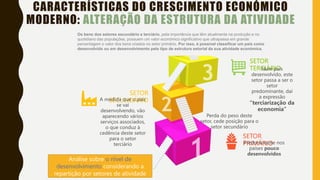 SETOR
TERCIÁRIO
SETOR
SECUNDÁRIO
SETOR
PRIMÁRIO
Num país
desenvolvido, este
setor passa a ser o
setor
predominante, daí
a expressão
“terciarização da
economia”
Perda do peso deste
setor, cede posição para o
setor secundário
CARACTERÍSTICAS DO CRESCIMENTO ECONÓMICO
MODERNO: ALTERAÇÃO DA ESTRUTURA DA ATIVIDADE
A medida que o país
se vai
desenvolvendo, vão
aparecendo vários
serviços associados,
o que conduz à
cedência deste setor
para o setor
terciário Predominante nos
países pouco
desenvolvidos
Os bens dos setores secundário e terciário, pela importância que têm atualmente na produção e no
quotidiano das populações, possuem um valor económico significativo que ultrapassa em grande
percentagem o valor dos bens criados no setor primário. Por isso, é possível classificar um país como
desenvolvido ou em desenvolvimento pelo tipo de estrutura setorial da sua atividade económica.
Análise sobre o nível de
desenvolvimento considerando a
repartição por setores de atividade
 