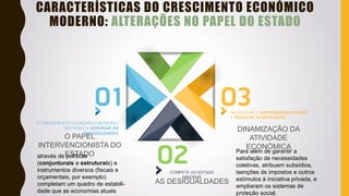 AS DESIGUALDADES
COMPETE AO ESTADO
MINORAR
DINAMIZAÇÃO DA
ATIVIDADE
ECONÓMICA
INCENTIVAR O EMPRREENDEDORISMO
E REGULAR OS MERCADOS
O PAPEL
INTERVENCIONISTA DO
ESTADO
O CRESCIMENTO ECONÓMICO MODERNO
TEM VINDO A AGRAVAR AS
DESIGULDADES
CARACTERÍSTICAS DO CRESCIMENTO ECONÓMICO
MODERNO: ALTERAÇÕES NO PAPEL DO ESTADO
através de políticas
(conjunturais e estruturais) e
instrumentos diversos (fiscais e
orçamentais, por exemplo)
completam um quadro de estabili-
dade que as economias atuais
Para além de garantir a
satisfação de necessidades
coletivas, atribuem subsídios,
isenções de impostos e outros
estímulos à iniciativa privada, e
ampliaram os sistemas de
proteção social.
 
