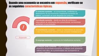 OPTION
INFOGRAPHIC
OPTION
INFOGRAPHIC
Expansão
O consumo aumenta – os consumidores, confiantes no
desempenho da sua economia e esperando aumentos de
salários, aumentam as suas despesas de consumo;
A produção aumenta – devido ao clima de confiança e
respondendo às solicitações dos consumidores, as empresas
aumentam a sua produção;
O investimento aumenta – dadas as expectativas de expansão,
o risco do investimento diminui e este aumenta imediatamente;
O emprego aumenta – a procura de trabalhadores aumenta;
A inflação pode aumentar – com o aumento do consumo e o
dinamismo da atividade económica, a inflação pode apresentar
valores mais altos, se a produtividade não acompanhar os
aumentos salariais;
Quando uma economia se encontra em expansão, verificam-se
as seguintes características típicas:
 