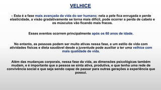 VELHICE
- Esta é a fase mais avançada da vida do ser humano; nela a pele fica enrugada e perde
elasticidade, a visão gradativamente se torna mais difícil, pode ocorrer a perda de cabelo e
os músculos vão ficando mais fracos.
Esses eventos ocorrem principalmente após os 60 anos de idade.
No entanto, as pessoas podem ser muito ativas nessa fase, e um estilo de vida com
atividades físicas e dieta saudável desde a juventude pode auxiliar a ter uma velhice com
mais qualidade de vida.
Além das mudanças corporais, nessa fase da vida, as dimensões psicológicas também
mudam, e é importante que a pessoa se sinta ativa, produtiva, e que tenha uma rede de
convivência social e que seja sendo capaz de passar para outras gerações a experiência que
possui.
 