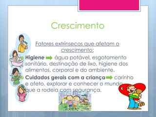 Crescimento
      Fatores extrínsecos que afetam o
                  crescimento:
 Higiene      água potável, esgotamento
  sanitário, destinação de lixo, higiene dos
  alimentos, corporal e do ambiente.
 Cuidados gerais com a criança        carinho
  e afeto, explorar e conhecer o mundo
  que a rodeia com segurança.
 
