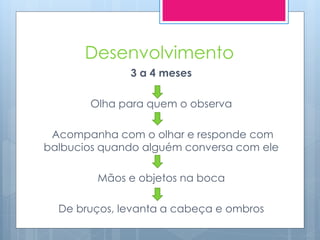 Desenvolvimento
              3 a 4 meses

       Olha para quem o observa

 Acompanha com o olhar e responde com
balbucios quando alguém conversa com ele

         Mãos e objetos na boca

  De bruços, levanta a cabeça e ombros
 