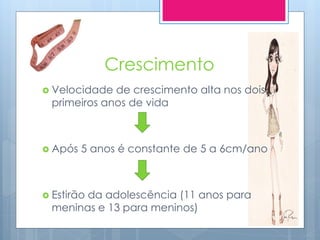 Crescimento
 Velocidade  de crescimento alta nos dois
  primeiros anos de vida



 Após   5 anos é constante de 5 a 6cm/ano



 Estirão
        da adolescência (11 anos para
  meninas e 13 para meninos)
 