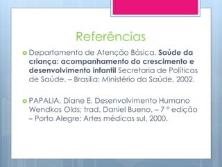 Referências
 Departamento  de Atenção Básica. Saúde da
 criança: acompanhamento do crescimento e
 desenvolvimento infantil Secretaria de Políticas
 de Saúde. – Brasília: Ministério da Saúde, 2002.

 PAPALIA, Diane E. Desenvolvimento Humano
 Wendkos Olds; trad. Daniel Bueno. – 7 ª edição
 – Porto Alegre: Artes médicas sul, 2000.
 