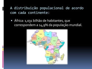 A distribuição populacional de acordo
com cada continente:

 África: 1,031 bilhão de habitantes, que
  correspondem a 14,9% da população mundial.
 