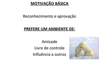 MOTIVAÇÃO BÁSICA Reconhecimento e aprovação PREFERE UM AMBIENTE DE: Amizade Livre de controle Influência a outros 