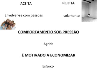 ACEITA  Envolver-se com pessoas  COMPORTAMENTO SOB PRESSÃO Agride É MOTIVADO A ECONOMIZAR Esforço  REJEITA Isolamento 