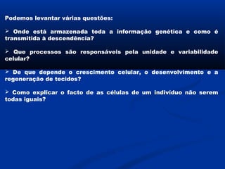 Podemos levantar várias questões:

 Onde está armazenada toda a informação genética e como é
transmitida à descendência?

 Que processos são responsáveis pela unidade e variabilidade
celular?

 De que depende o crescimento celular, o desenvolvimento e a
regeneração de tecidos?

 Como explicar o facto de as células de um indivíduo não serem
todas iguais?
 