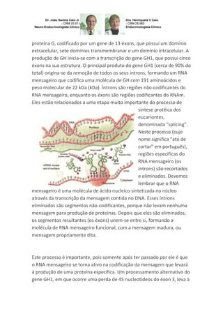 proteína G, codificado por um gene de 13 éxons, que possui um domínio
extracelular, sete domínios transmembranar e um domínio intracelular. A
produção de GH inicia-se com a transcrição do gene GH1, que possui cinco
éxons na sua estrutura. O principal produto do gene GH1 (cerca de 90% do
total) origina-se da remoção de todos os seus íntrons, formando um RNA
mensageiro que codifica uma molécula de GH com 191 aminoácidos e
peso molecular de 22 kDa (kDa). Íntrons são regiões não-codificantes do
RNA mensageiro, enquanto os éxons são regiões codificantes do RNAm.
Eles estão relacionados a uma etapa muito importante do processo de
síntese protêica dos
eucariontes,
denominada “splicing”.
Neste processo (cujo
nome significa “ato de
cortar” em português),
regiões específicas do
RNA mensageiro (os
íntrons) são recortados
e eliminados. Devemos
lembrar que o RNA
mensageiro é uma molécula de ácido nucleico sintetizada no núcleo
através da transcrição da mensagem contida no DNA. Esses íntrons
eliminados são segmentos não-codificantes, porque não levam nenhuma
mensagem para produção de proteínas. Depois que eles são eliminados,
os segmentos resultantes (os éxons) unem-se entre si, formando a
molécula de RNA mensageiro funcional, com a mensagem madura, ou
mensagem propriamente dita.
Este processo é importante, pois somente após ter passado por ele é que
o RNA mensageiro se torna ativo na codificação da mensagem que levará
à produção de uma proteína específica. Um processamento alternativo do
gene GH1, em que ocorre uma perda de 45 nucleotídeos do éxon 3, leva à
 