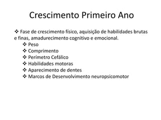 Crescimento Primeiro Ano
 Fase de crescimento físico, aquisição de habilidades brutas
e finas, amadurecimento cognitivo e emocional.
 Peso
 Comprimento
 Perímetro Cefálico
 Habilidades motoras
 Aparecimento de dentes
 Marcos de Desenvolvimento neuropsicomotor

 
