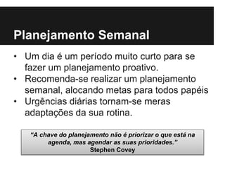 Planejamento Semanal
• Um dia é um período muito curto para se
fazer um planejamento proativo.
• Recomenda-se realizar um planejamento
semanal, alocando metas para todos papéis
• Urgências diárias tornam-se meras
adaptações da sua rotina.
“A chave do planejamento não é priorizar o que está na
agenda, mas agendar as suas prioridades.”
Stephen Covey
 