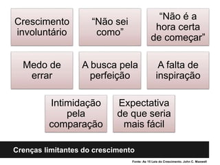 Crenças limitantes do crescimento
Fonte: As 15 Leis do Crescimento. John C. Maxwell
Crescimento
involuntário
“Não sei
como”
“Não é a
hora certa
de começar”
Medo de
errar
A busca pela
perfeição
A falta de
inspiração
Intimidação
pela
comparação
Expectativa
de que seria
mais fácil
 