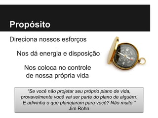 Propósito
Direciona nossos esforços
Nos dá energia e disposição
Nos coloca no controle
de nossa própria vida
“Se você não projetar seu próprio plano de vida,
provavelmente você vai ser parte do plano de alguém.
E adivinha o que planejaram para você? Não muito.”
Jim Rohn
 