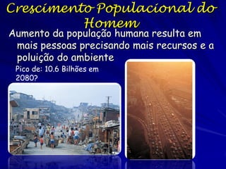 Derivamos dN/dt = rN, onde r = taxa instantânea per capita de crescimento
populacional. (e também a taxa de juros compostos)
a taxa de mudança de N is proporcional a N;
quanto maior N mais rápido o aumento; retroalimentação + e N ‘explode’!

Podemos arranjar de nova a forma dN/N = r dt, e depois integrar ambos os lados:

Nt = N0 ert , o modelo de crescimento exponencial
(conveniently, er = , the geometric growth rate)

Ao arranjar de novo Nt = N0 ert para isolar t = ln(Nt/N0)/r e observamos que o
tamanho populacional dobra a cada td = ln(2)/r = 0.69/r unidades de tempo
A população humana dobrou entre 1930 e 1975 (45 anos).
qual foi a r média? 45 = 0.69/r
r = 0.69/45 = 0.0153 = 1.53% por ano
A r do homem não é constante, aumenta e o tempo de dobrar diminua!!!!!

 