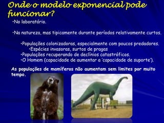 Ocorre na natureza?
Sim
Espécies invasoras
Habitat uniforme
Sem predadores
Sem doença
Área sem limites

 