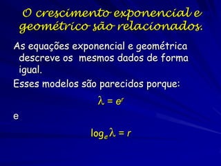 Premissas do Modelo
Exponencial

As mudanças da população são
proporcionais ao tamanho atual da
população (∆ per capita) ∆ x número
de indivíduos -->∆ da população;
Taxa constante de ∆; taxas constantes de
natalidade e mortalidade
Nenhuma limitação de recursos
Todos os indivíduos são iguais (sem
estrutura etária ou de tamanho)

 