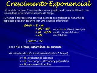 Taxa Intrínseca de
Crescimento

Verifique o resultado
O valor de r pode ser verificado pela estimativa da regressão de números
logarítmicos da população no tempo. Os primeiros anos devem ser
ignorados porque a estrutura etária ainda não foi estabilizada. A tangente
da regressão deve ser igual à r. Se tomamos o intervalo de tempo de t =
25 á 50, então a equação da regressão é ln(N) = 4.3557 + 0.1617 t. A
tangente da regressão é igual a r estimada pelo Método A

 