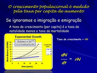 Crescimento e seus Limites
As populações freqüentemente ficam
constantes independente do número de
filhotes nascidos
O modelo de crescimento exponencial se
aplica as populações sem limites a
crescimento
r = (b-d) + (i-e)

r = taxa de aumento da população; b = taxa
de natalidade; d = taxa de mortalidade; i
= imigração; e = emigração

 