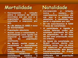 Mortalidade                            Natalidade
                                      corresponde     a   relação
   Corresponde     a    relação       entre     o   número      de
    entre o número de óbitos           nascimentos ocorridos em
    ocorridos em um ano e a            um ano e a população
    população     absoluta,    o       absoluta, o resultado em
    resultado é expresso por           geral é expresso por mil.
    mil.                              N.º de nascimentos X 1000
   N.º de óbitos X 1000 = taxa        = taxa de natalidade
    de mortalidade                    A natalidade é ligada a
   População absoluta                 vários fatores como por
   Assim como a natalidade, a         exemplo qualidade de vida
    mortalidade está ligada em         da população, ou ao fato
    especial a qualidade de            de ser uma população rural
    vida      da      população        ou urbana.
    analisada.                        As taxas de natalidade no
   No Brasil, assim como a            Brasil caíram muito nos
    natalidade a mortalidade           últimos anos, isso se deve
    caiu,    especialmente     a       em especial ao processo
    partir   do   processo    de       de urbanização que gerou
    industrialização,        que       transformações de ordem
    trouxe      melhorias     na       sócio-econômicas           e
    assistência     médica     e       culturais   na    população
 