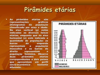 Pirâmides etárias
   As    pirâmides     etárias    são
    representações            gráficas
    (histograma)      da   população
    classificada por sexo e idade.
    No eixo vertical (y) estão
    indicadas as diversas faixas
    etárias, enquanto que no eixo
    horizontal (x) está indicada a
    quantidade de população: as
    barras         da       esquerda
    representam       a    população
    masculina e as barras da
    direita       representam        a
    população feminina. Observe
    duas       pirâmides       etárias
    correspondentes a dois países
    que apresentam um perfil
    sócio-econômico          bastante
    diferente.
 