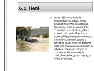 6.1 Tietê
 Desde 1920, com o início da
industrialização da cidade, muitas
indústrias lançavam seu esgoto nas
águas do rio, o que foi se agravando
com o rápido aumento demográfico e
econômico da cidade. Hoje, após a
impermeabilização de praticamente toda
a área de várzea do rio, durante o
período de chuvas fortes, um problema
muito sério afeta aqueles que residem ou
trabalham próximos às margens do
rio, as enchentes, que carregam
principalmente doenças em suas águas
fétidas e insalubres.
 
