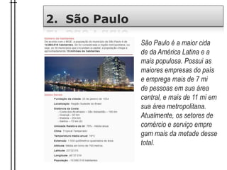 2. São Paulo
São Paulo é a maior cida
de da América Latina e a
mais populosa. Possui as
maiores empresas do país
e emprega mais de 7 mi
de pessoas em sua área
central, e mais de 11 mi em
sua área metropolitana.
Atualmente, os setores de
comércio e serviço empre
gam mais da metade desse
total.
 