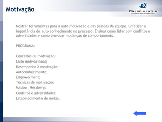 Motivação Mostrar ferramentas para a auto-motivação e das pessoas da equipe. Enfatizar a importância do auto conhecimento no processo. Ensinar como lidar com conflitos e adversidades e como provocar mudanças de comportamento.  PROGRAMA: Conceitos de motivação; Ciclo motivacional; Desempenho X motivação; Autoconhecimento; Empowerment; Técnicas de motivação; Maslow, Herzberg; Conflitos e adversidades; Estabelecimento de metas. 