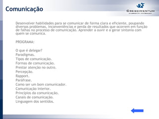 Comunicação Desenvolver habilidades para se comunicar de forma clara e eficiente, poupando diversos problemas, inconveniências e perda de resultados que ocorrem em função de falhas no processo de comunicação. Aprender a ouvir e a gerar sintonia com quem se comunica.  PROGRAMA: O que é delegar? Paradigmas. Tipos de comunicação. Formas de comunicação. Prestar atenção no outro. Percepção. Rapport. Paráfrase. Como ser um bom comunicador. Comunicação interior. Princípios da comunicação. Canais de comunicação. Linguagem dos sentidos. 