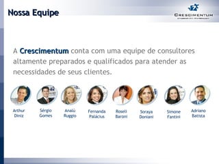 Nossa Equipe A  Crescimentum   conta com uma equipe de consultores  altamente preparados e qualificados para atender as  necessidades de seus clientes. Analú Ruggio Soraya Doniani Adriano Batista Roseli Baroni Simone Fantini Fernanda Palácius Arthur Diniz Sérgio Gomes 