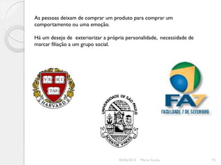 As pessoas deixam de comprar um produto para comprar um
comportamento ou uma emoção.

Há um desejo de exteriorizar a própria personalidade, necessidade de
marcar filiação a um grupo social.




                                    03/06/2012   Marta Cunha           72
 