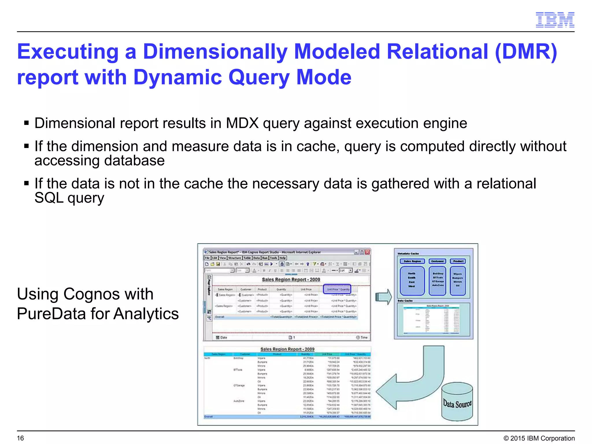 16 © 2015 IBM Corporation
Executing a Dimensionally Modeled Relational (DMR)
report with Dynamic Query Mode
 Dimensional report results in MDX query against execution engine
 If the dimension and measure data is in cache, query is computed directly without
accessing database
 If the data is not in the cache the necessary data is gathered with a relational
SQL query
Using Cognos with
PureData for Analytics
 