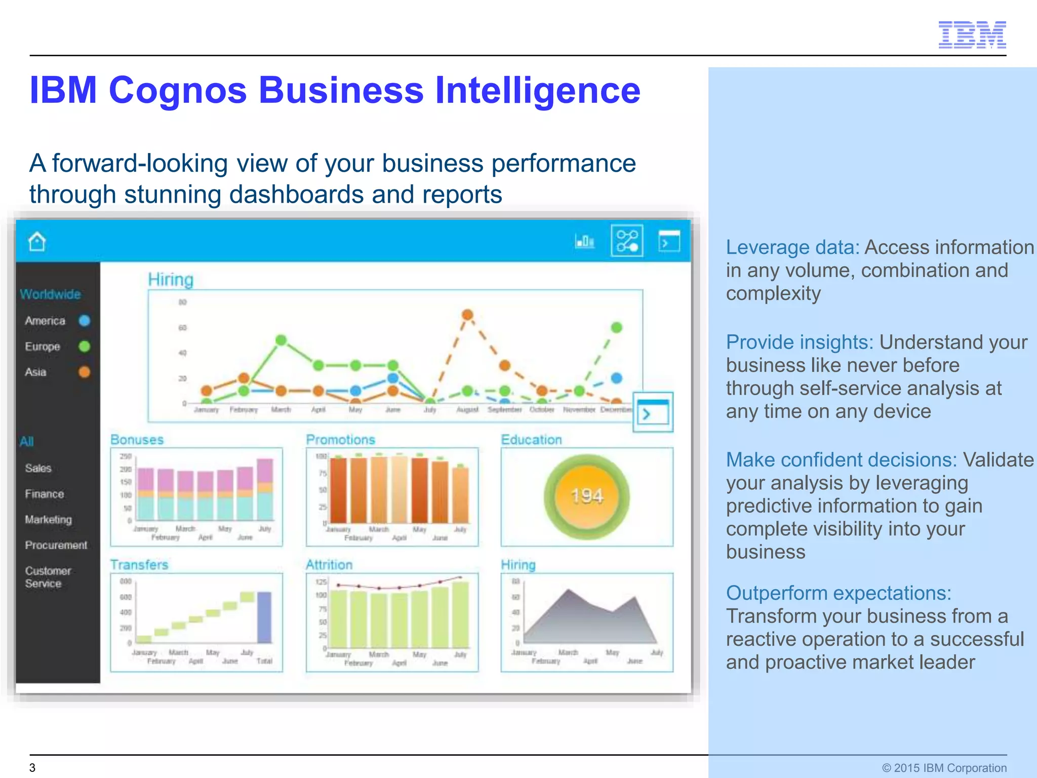 3 © 2015 IBM Corporation
IBM Cognos Business Intelligence
Leverage data: Access information
in any volume, combination and
complexity
Provide insights: Understand your
business like never before
through self-service analysis at
any time on any device
Make confident decisions: Validate
your analysis by leveraging
predictive information to gain
complete visibility into your
business
Outperform expectations:
Transform your business from a
reactive operation to a successful
and proactive market leader
A forward-looking view of your business performance
through stunning dashboards and reports
 