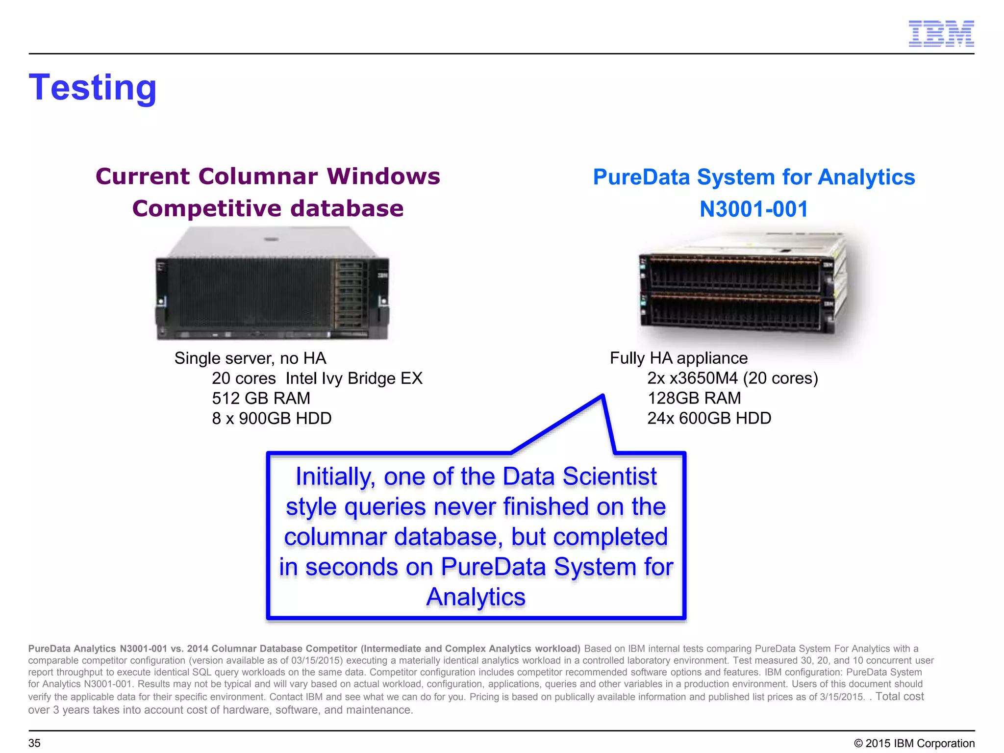 35 © 2015 IBM Corporation
Testing
PureData System for Analytics
N3001-001
Single server, no HA
20 cores Intel Ivy Bridge EX
512 GB RAM
8 x 900GB HDD
Initially, one of the Data Scientist
style queries never finished on the
columnar database, but completed
in seconds on PureData System for
Analytics
Fully HA appliance
2x x3650M4 (20 cores)
128GB RAM
24x 600GB HDD
PureData Analytics N3001-001 vs. 2014 Columnar Database Competitor (Intermediate and Complex Analytics workload) Based on IBM internal tests comparing PureData System For Analytics with a
comparable competitor configuration (version available as of 03/15/2015) executing a materially identical analytics workload in a controlled laboratory environment. Test measured 30, 20, and 10 concurrent user
report throughput to execute identical SQL query workloads on the same data. Competitor configuration includes competitor recommended software options and features. IBM configuration: PureData System
for Analytics N3001-001. Results may not be typical and will vary based on actual workload, configuration, applications, queries and other variables in a production environment. Users of this document should
verify the applicable data for their specific environment. Contact IBM and see what we can do for you. Pricing is based on publically available information and published list prices as of 3/15/2015. . Total cost
over 3 years takes into account cost of hardware, software, and maintenance.
Current Columnar Windows
Competitive database
 