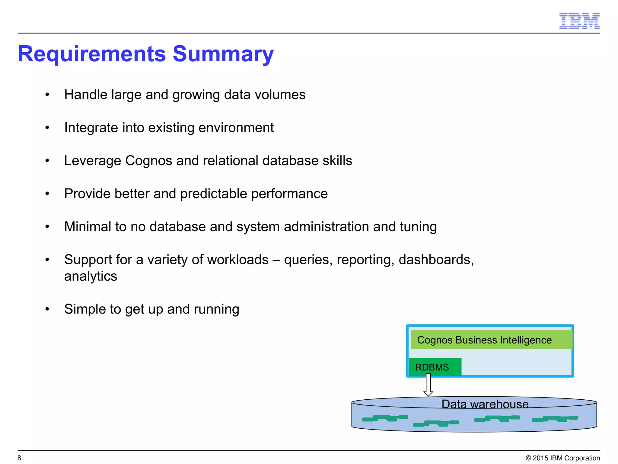 8 © 2015 IBM Corporation
Requirements Summary
• Handle large and growing data volumes
• Integrate into existing environment
• Leverage Cognos and relational database skills
• Provide better and predictable performance
• Minimal to no database and system administration and tuning
• Support for a variety of workloads – queries, reporting, dashboards,
analytics
• Simple to get up and running
RDBMS
Data warehouse
Cognos Business Intelligence
 